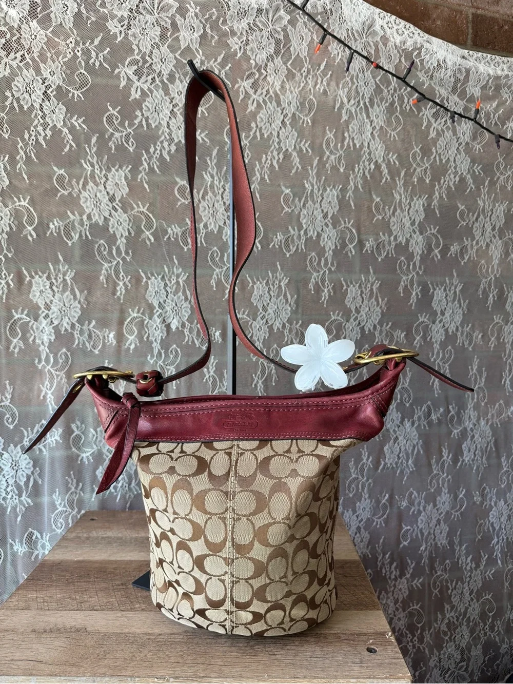 Coach Signature Canvas Bucket Bag with Burgundy Leather Trim